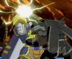Beetlemon battles a shadowy version of himself within Sakkakumon