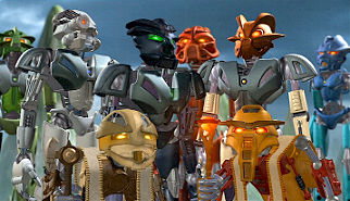The assembled Toa - l to r, Lewa, Kopaka, Onua, Tahu, Pohatu and Gali, and below them, Turagas Onewa and Vakama